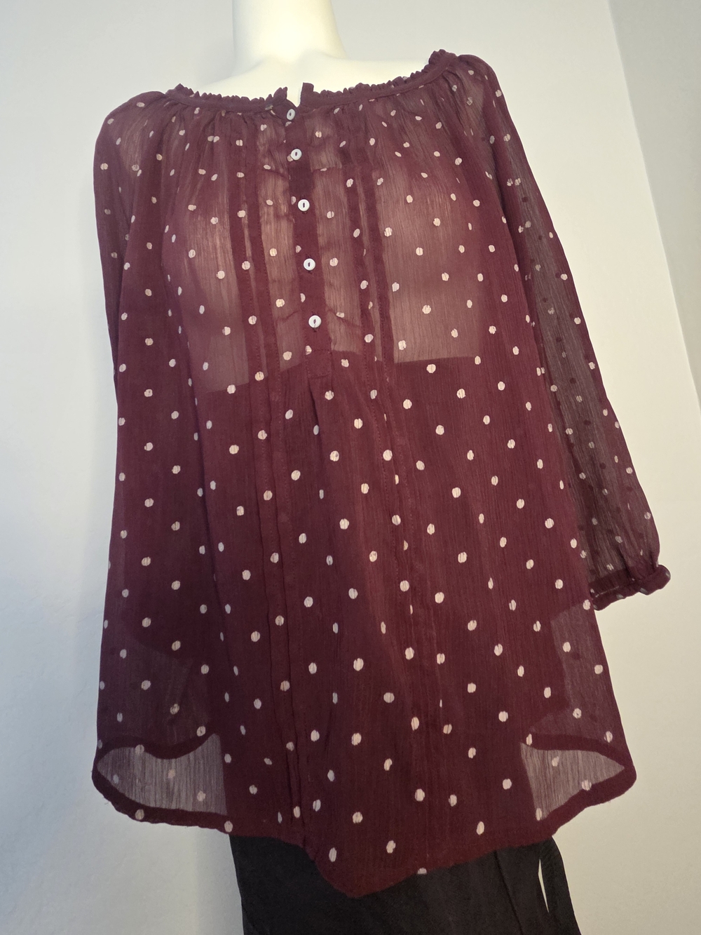 Abercrombie & Fitch Burgundy Polka Dot Sheer Peasant Top